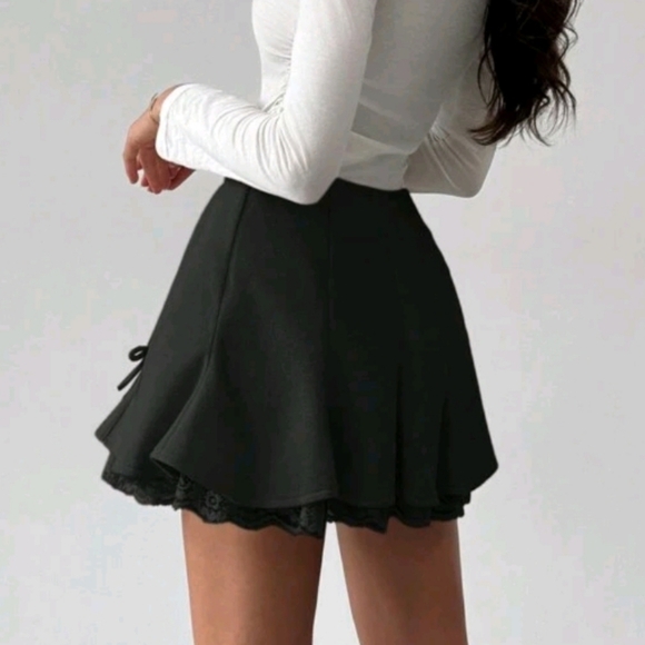 Autumn/Winter New Sweet Bow Lace Patchwork High Waist Versatile Mini Skirt - Picture 4 of 4